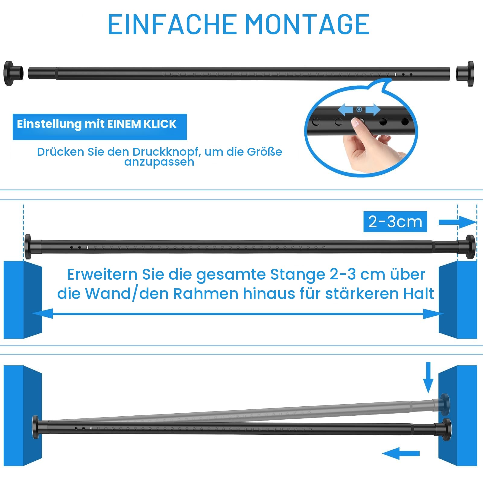 WELDUN Gardinenstange ohne Bohren 98-150cm Vorhangstange ohne Bohren Φ32mm Duschvorhangstange inkl 2 Wandsockel Teleskopstange Klemmstange für Badezimmer und Fenster Kleiderstange Schrank Schwarz