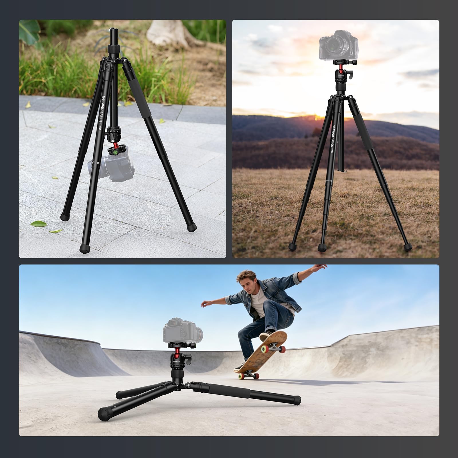 NEEWER BASICS Monopiede Treppiede Fotocamera da 145cm con Piastra QR Arca Testa Sfera Porta Telefono, Tripod da Viaggio Compatto e Portatile per iPhone DSLR Videocamera Video Streaming, Max 3kg, TP68