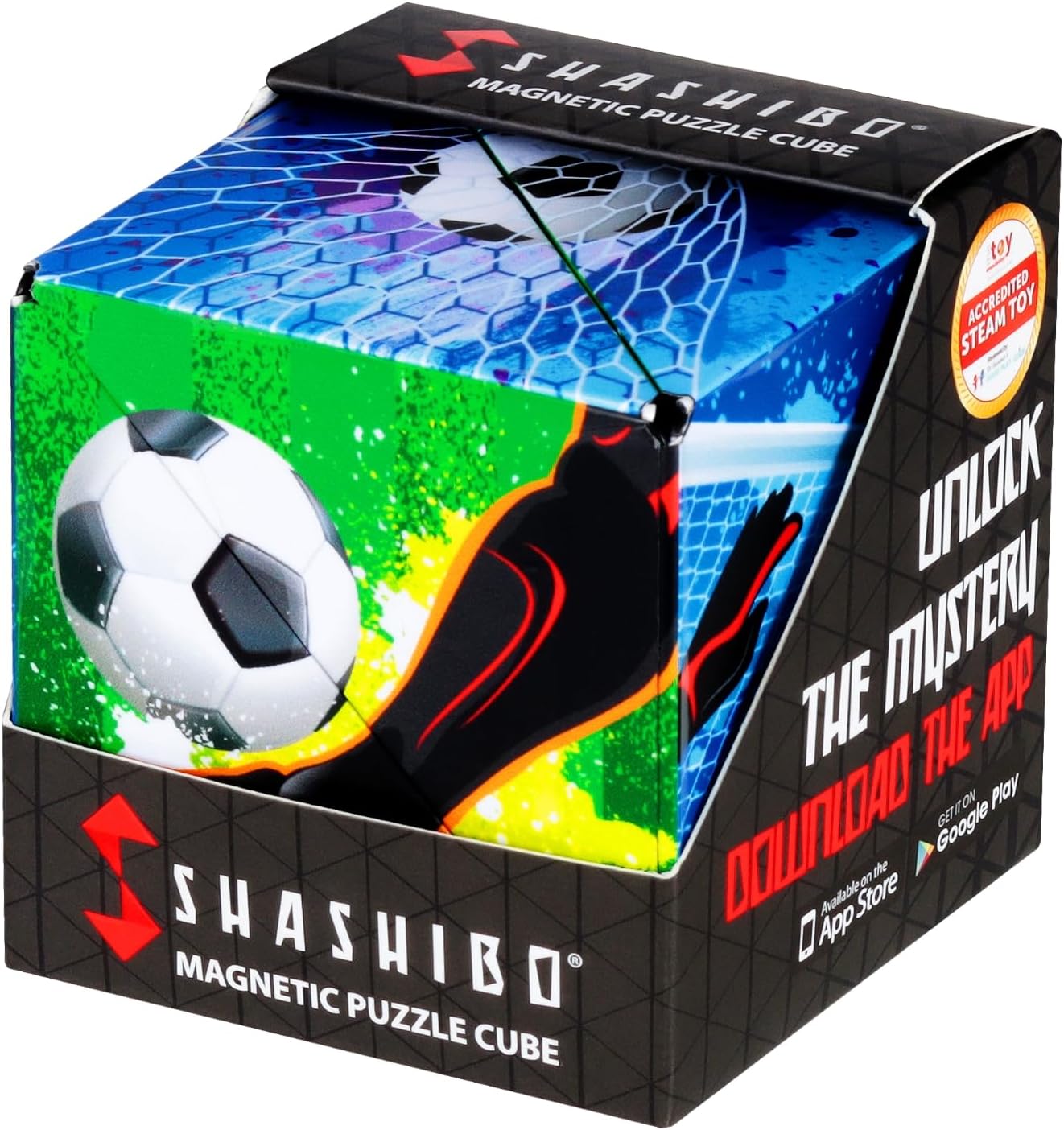 Shashibo Shape Shifting Box – STEM Fidget Toy with Ultra Strong Magnets, Puzzle Cube Transforms into 100+ Shapes, Sensory Gift for Kids, Teens, and Adults (Soccer)