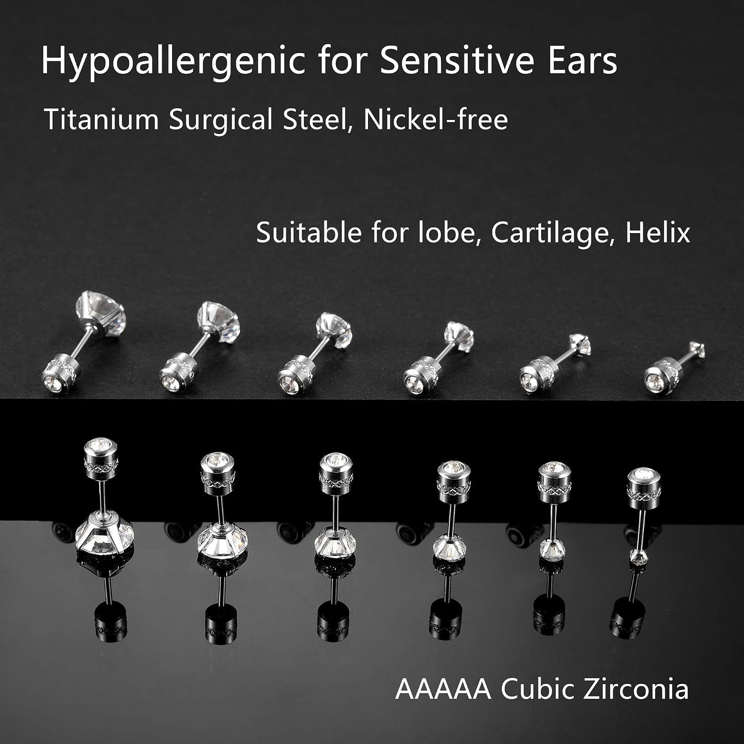 Titanium Surgical Steel Cubic Zirconia Screw Back Stud Earrings for Women Men Multipack Small Dainty Simulated Diamond CZ Studs Earring Set Hypoallergenic for Sensitive Ears Lobe Cartilage Helix