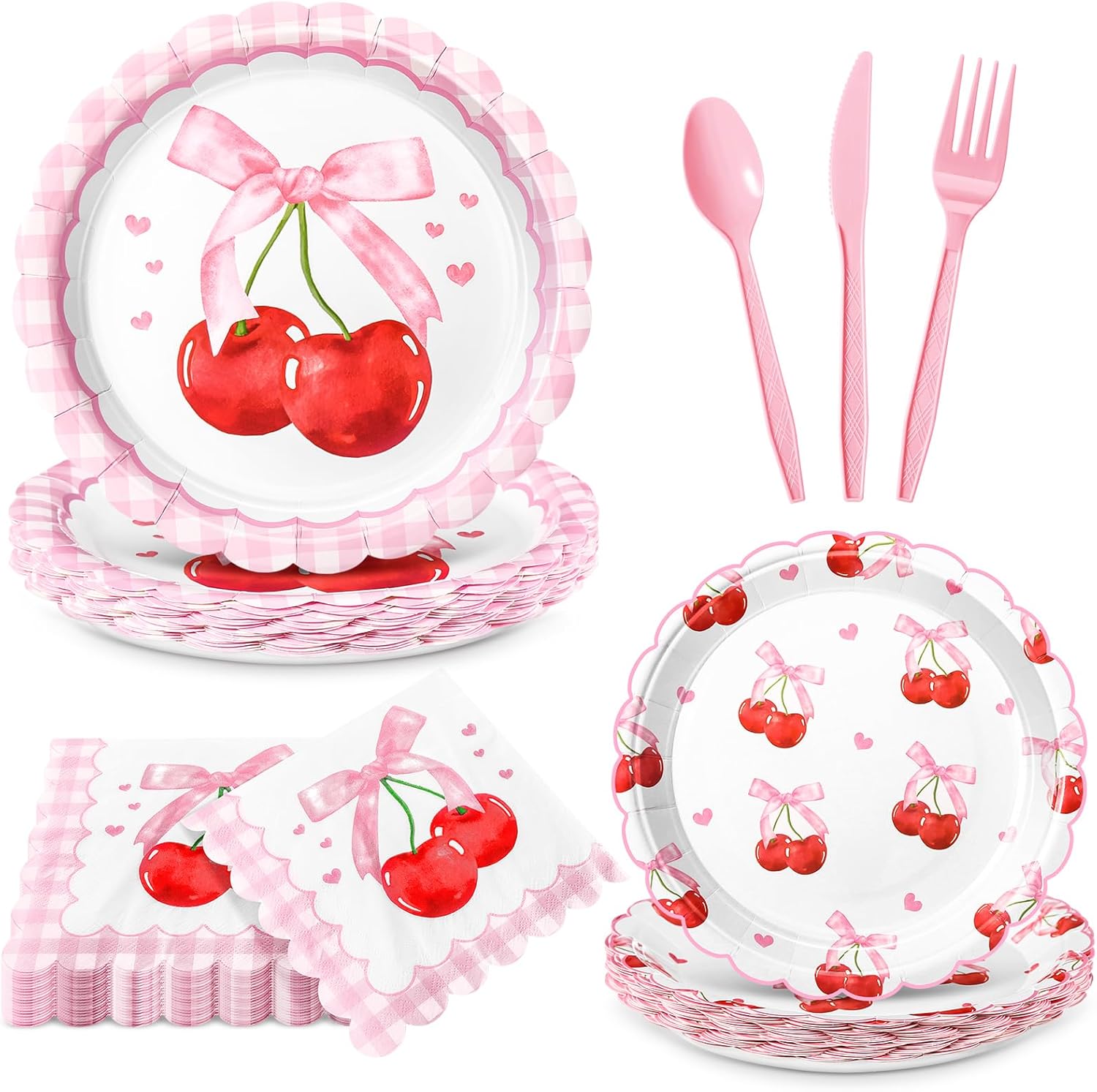 Funnymoom 144 Pcs Cherry Party Supplies Tableware Set Serves 24, Pink Bow Gingham Scalloped Paper Plates Napkins Plastic Cutlery for Coquette Summer Birthday Bridal Baby Shower Bachelorette