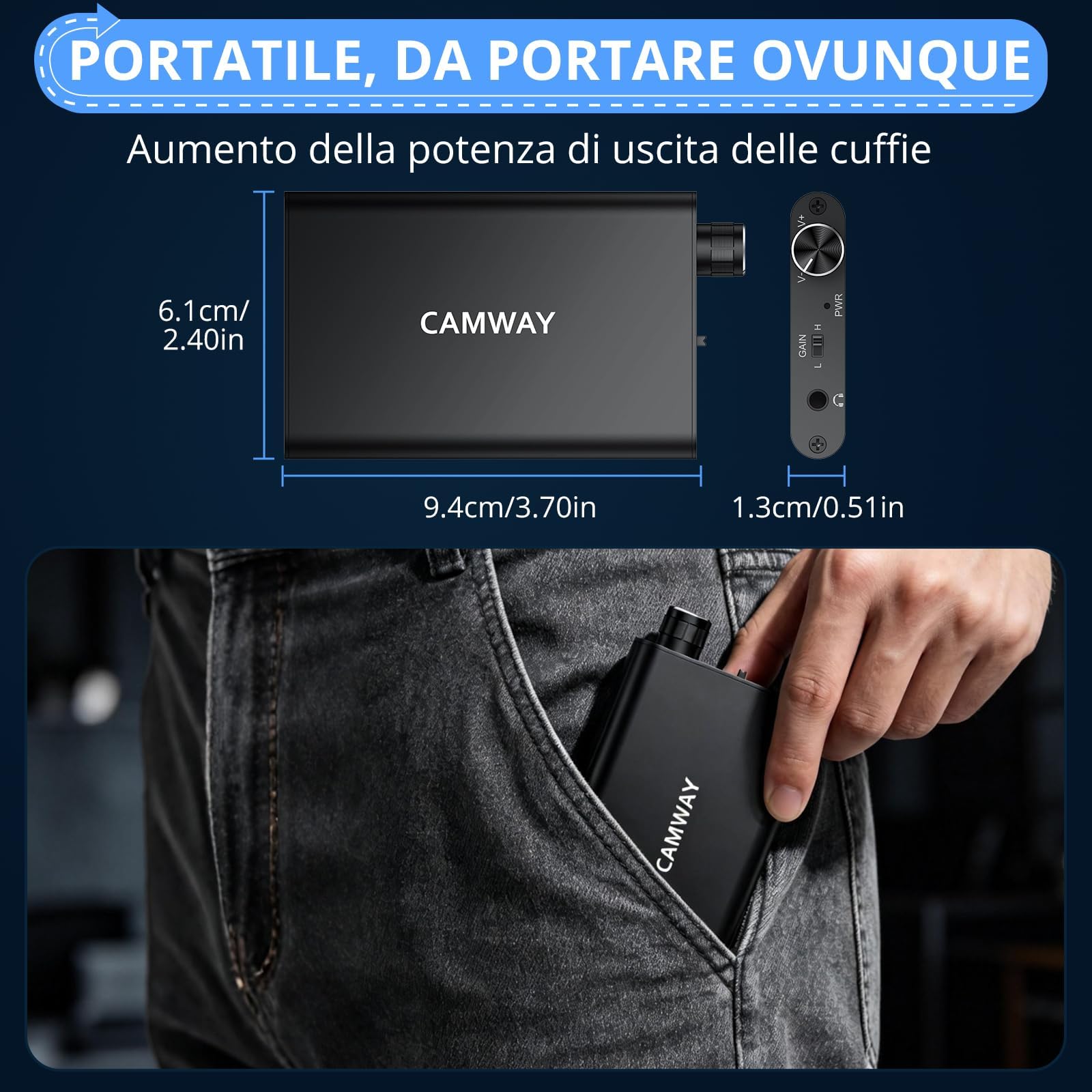 Amplificatore per Cuffie Hi-Fi Portatile Ricaricabile 16-300Ω Due Livelli di Guadagno Manopola Volume Ingresso/Uscita 3,5 mm