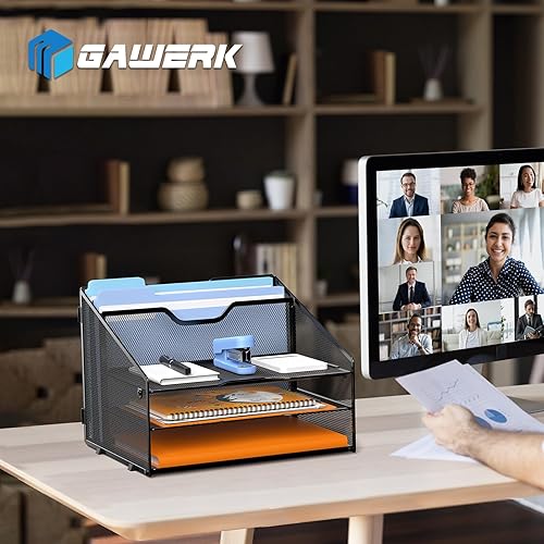 Miniatura 6 de Organizador de bandeja de cartas, organizador de archivos de escritorio de malla con 3 bandejas de papel y 2 secciones verticales verticales, en