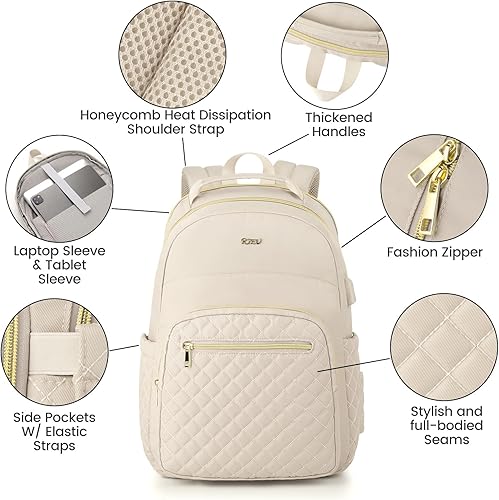 Miniatura 4 de RJEU Mochila escolar de viaje para mujeres y niñas, mochila ligera para laptop, mochila universitaria, mochila trasera, mochila impermeable, Beige2,