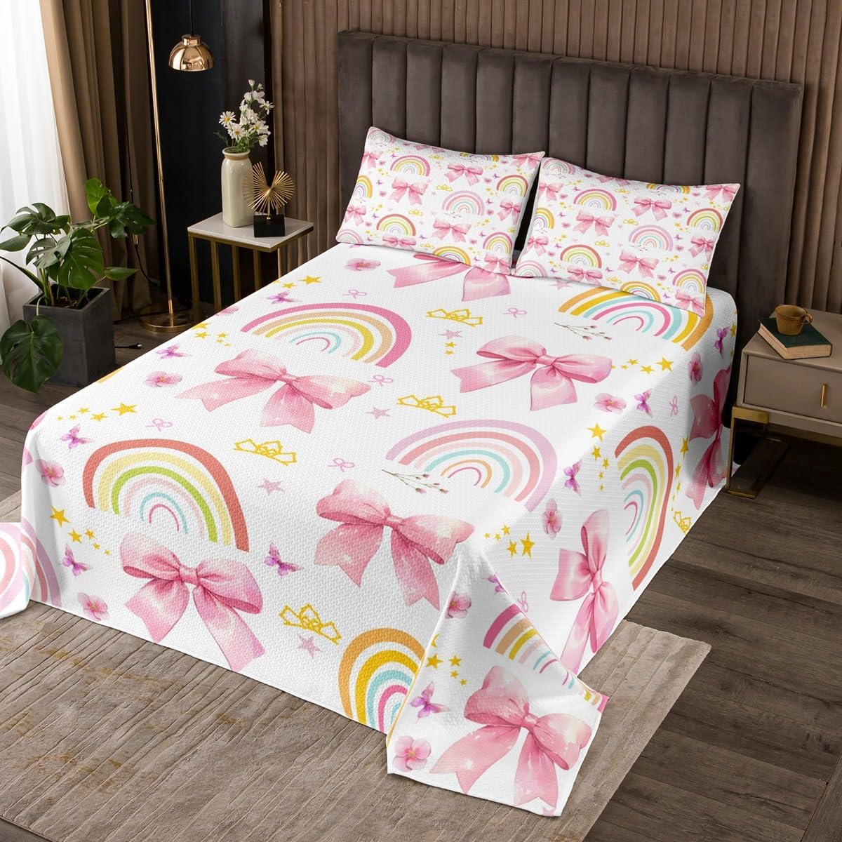 Erosebridal Yellow Cartoon Rainbow Coverlet Sets Queen Pink Kawaii Bowknot Bedspread Set for Kids Girls Teen Women,Dreamy Princess Style Quilt Sets Star Rainbow Bed Set