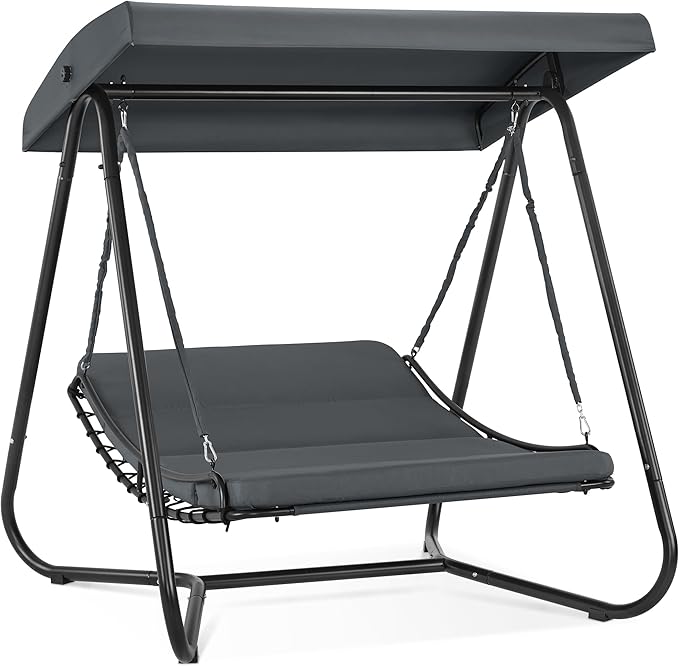 Macrout 2-Seat Hammock Swing Chair with Recliner, Outdoor Lounge Chair with Adjustable Canopy, Beach Chairs for Adults with Thickened Cushions for Backyard, Garden, SW466