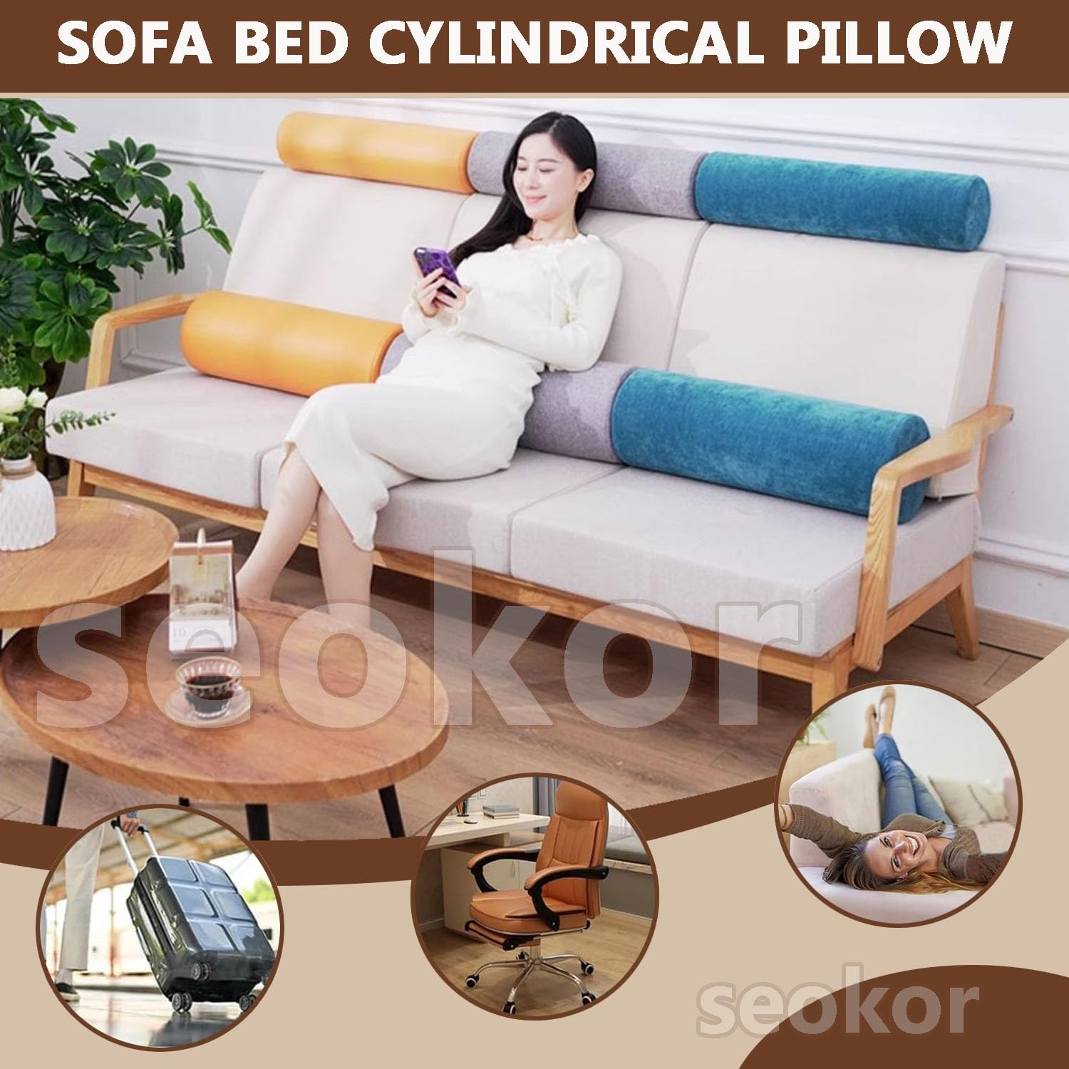 Cylindrique Coussin 40/50/60/70/90cm Oreiller Cervical Multifonctionnels Rouleau d'oreiller de Traversin Amovible Lavable pour Soutien tête, Cou, lombaires(C,20x60cm/8x24in)