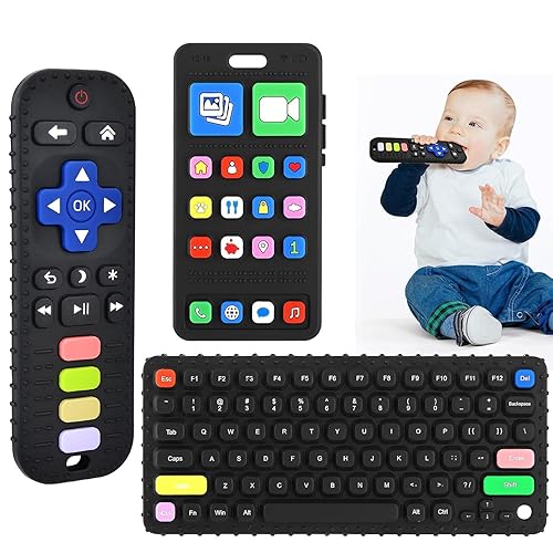 Miniatura 14 de Juguetes de dentición de silicona para bebé, juguetes de dentición para teléfono y control remoto para niños pequeños de 3 a 18 meses, juguete de