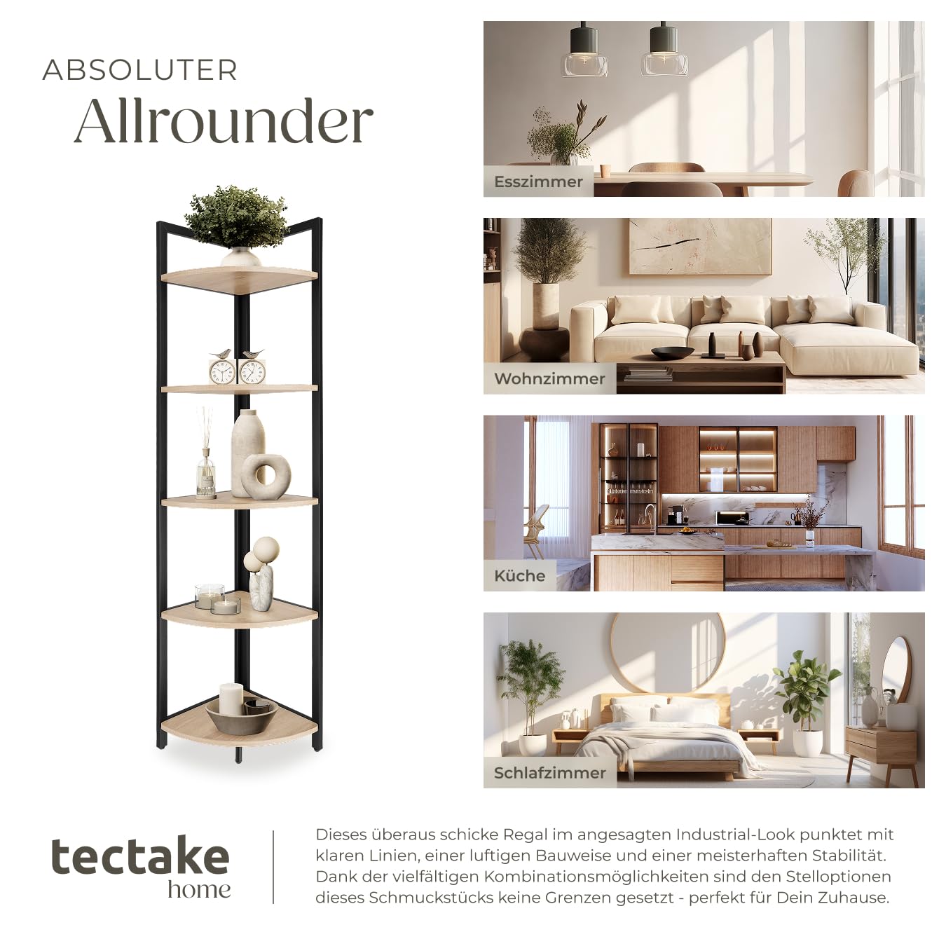 tectake® Eckregal stehend, Nischenregal mit 5 Ebenen, Wandregal Holz, Industrial Bücherregal, Eckschrank, Leiterregal, Zimmer Deko, 30 x 30 x 150 cm - Industrial Holz hell, Eiche Sonoma