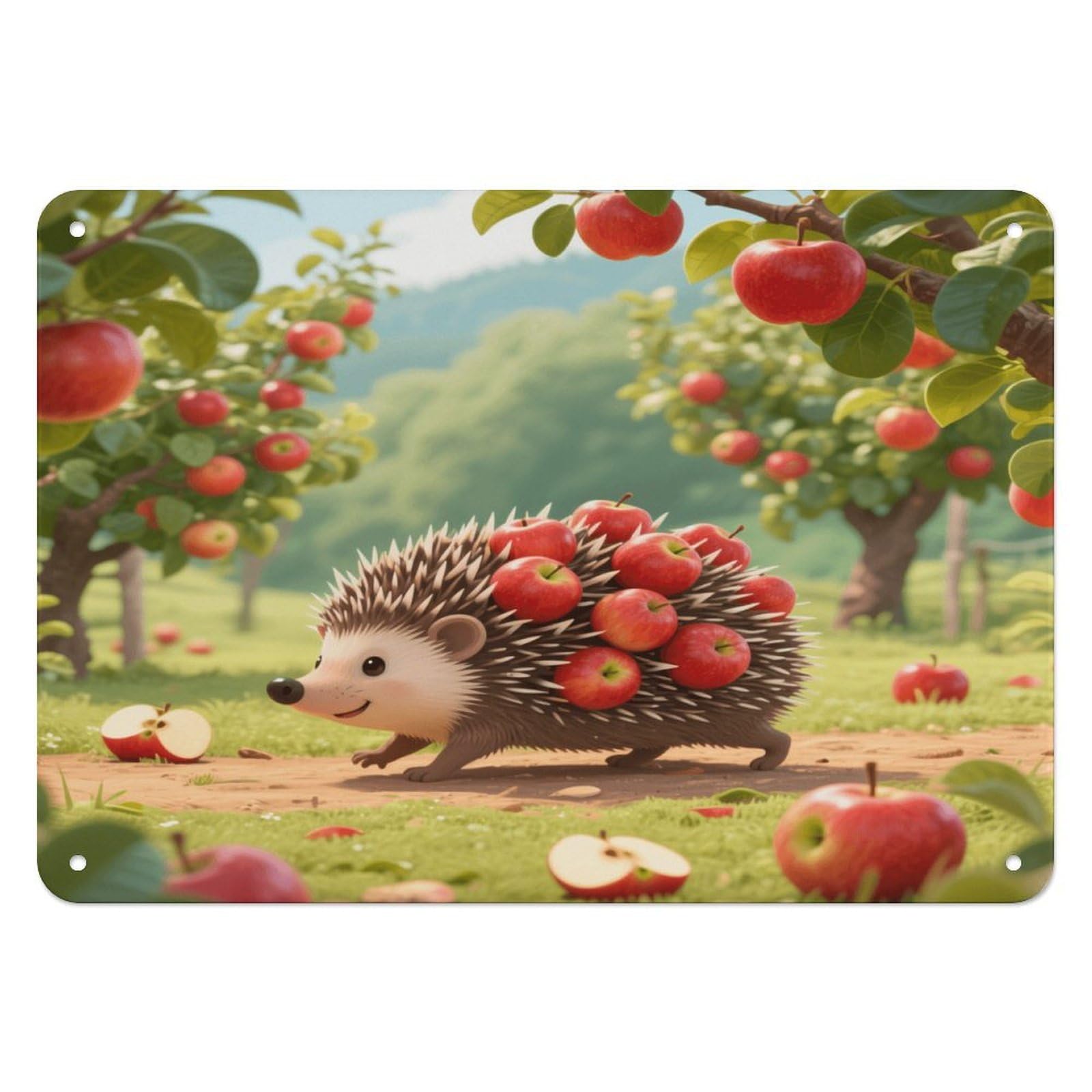 Fekiloot Style Hedgehog Collecting Apples Wall Decor Iron Painting Metal Sign