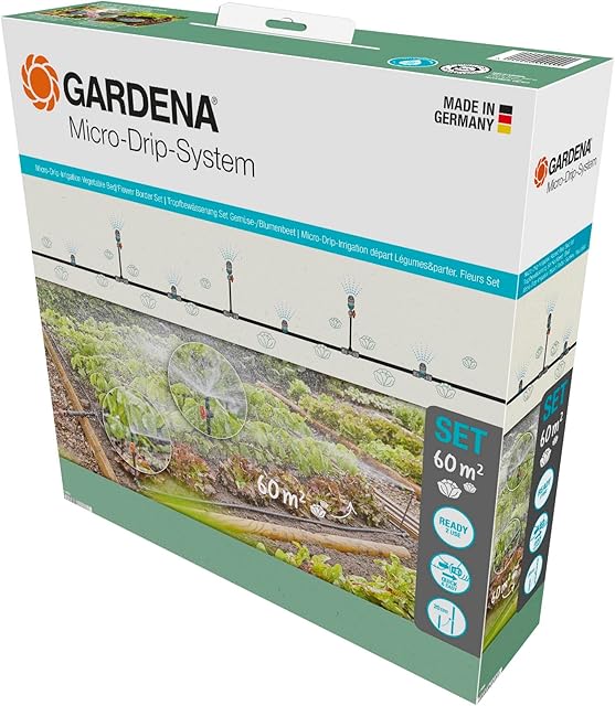 Gardena system Micro-Drip nawadnianie kropelkowe, zestaw do grządek warzywnych/kwiatowych (60 m²): Zest. start. gotowy do zast., wodooszcz. sys. nawad., prosta i elast. tech. połącz. (13450-20)