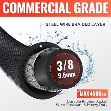 YAMATIC Pressure Washer Whip Hose 4 FT For Hose Reel, 3/8 Swivel Connector | 3/8 Jumper Hose For High Power Washers, 3/8 Steel Plug Adapter For Quick Setup ,35F212F Use, 4000 PSI