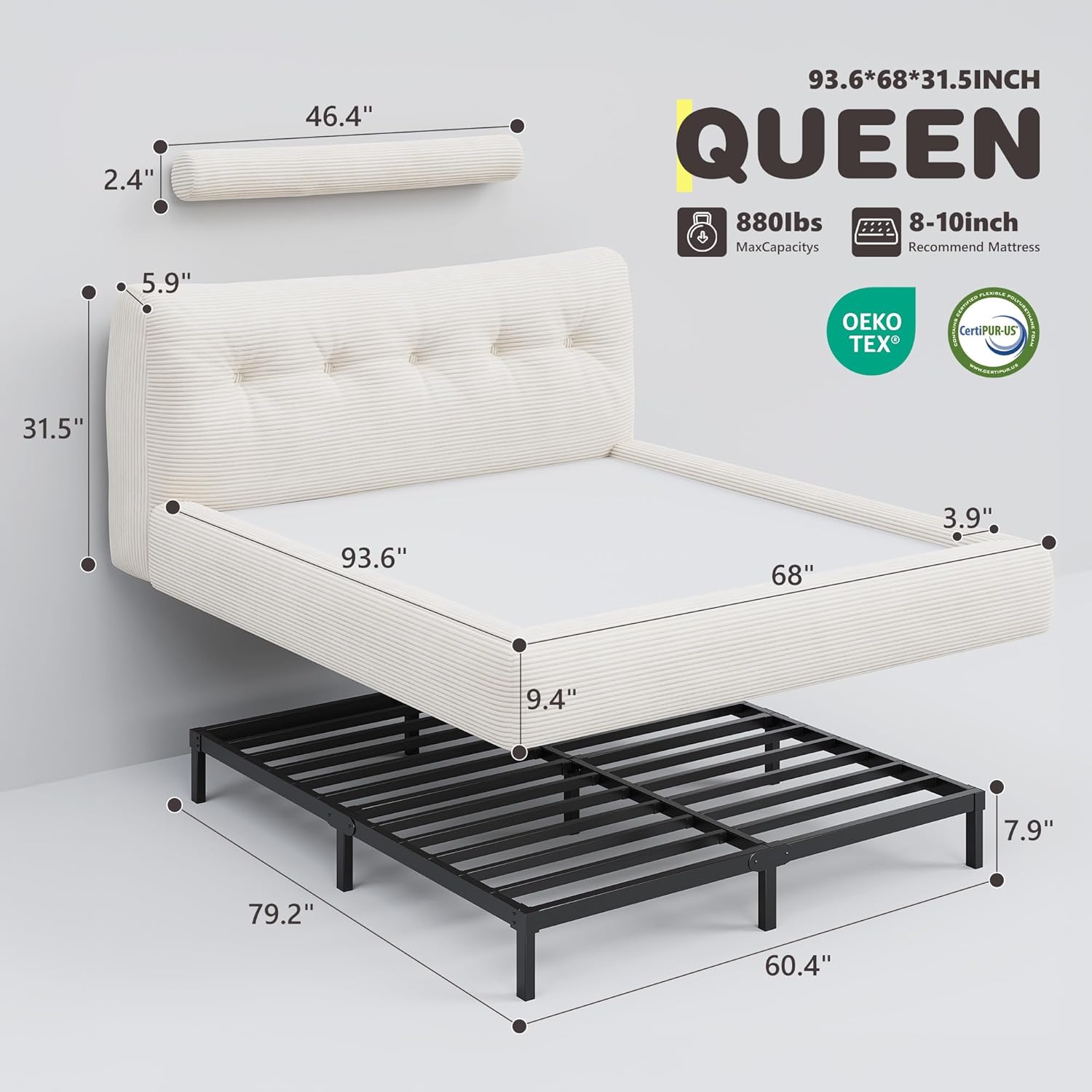 Homkdom Queen Size Bed Frame,Foam Cloud Bed Frame with Soft Button Design Headboard, Anti-Collision Design, Easy Assembly for Bedroom,Apartments, Guest Rooms,Beige