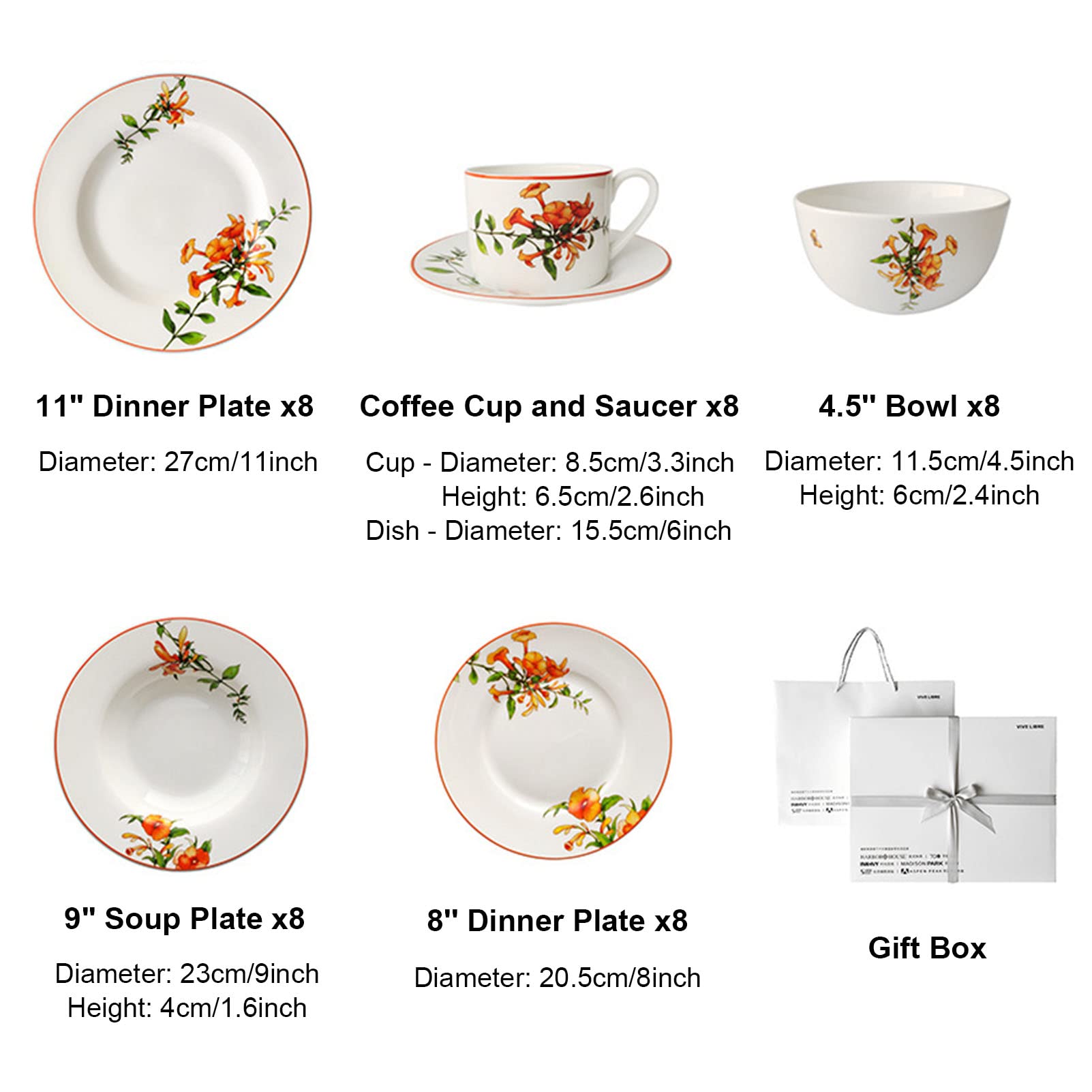 48-częściowy zestaw obiadowy Zastawa stołowa z kwiatowej porcelany, zestaw naczyń z porcelany kostnej Zestaw ceramicznych zastaw stołowych