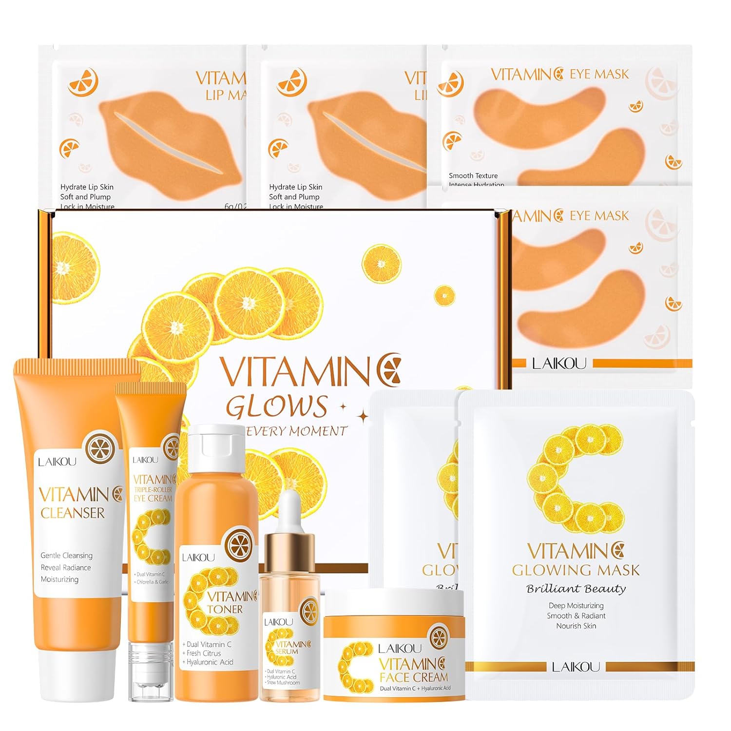 LAIKOU Skin Care, Vitamin C Skin Care Set, Facial Skin Care Products with Cleanser, Eye Cream, Toner, Serum, Face Cream, Lip Mask, Eye Mask, Glowing Mask for Women Birthday Mother's Day Christmas