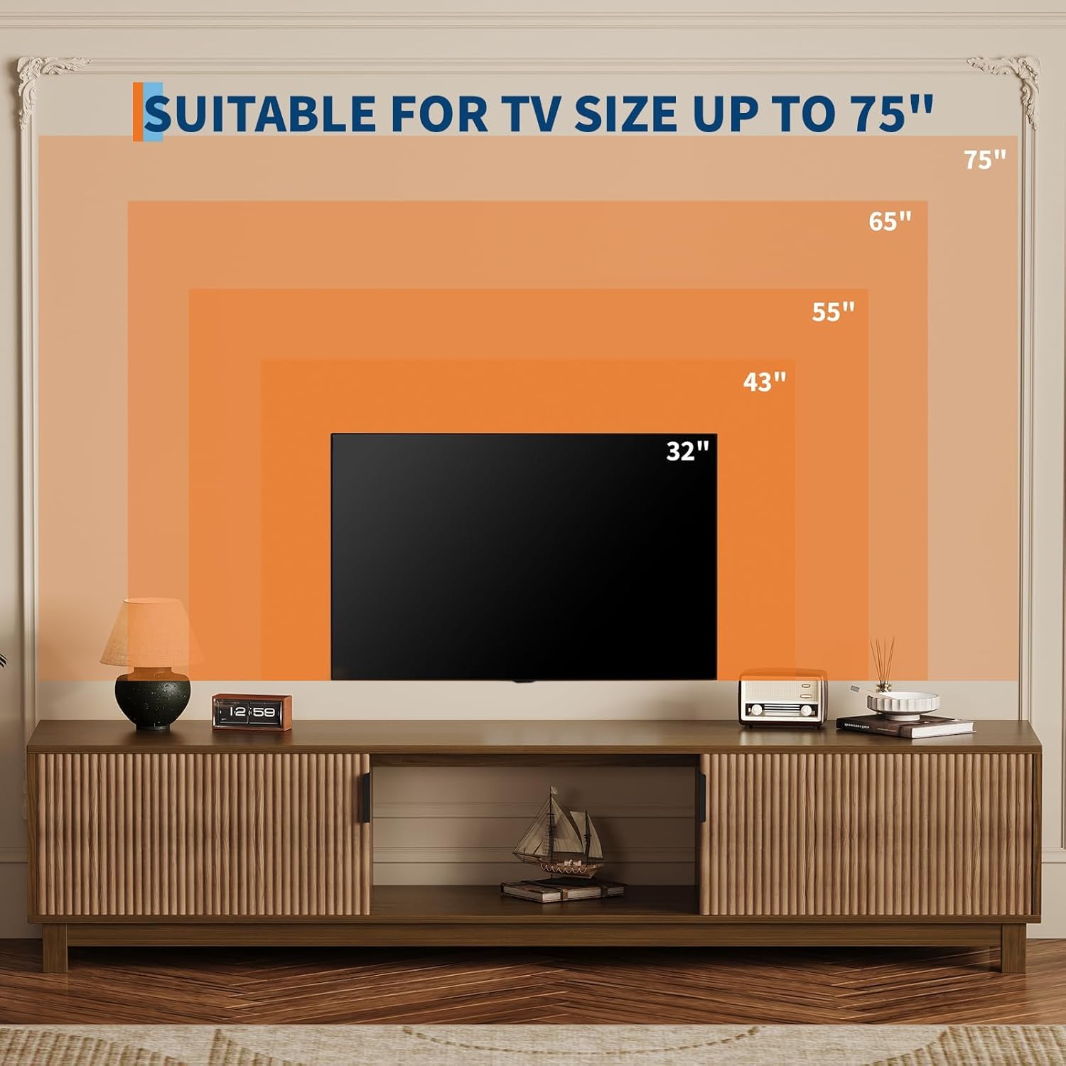 GarveeHome 70" Long TV Stand for Living Room, Mid Century Modern Entertainment Centerfor TVs Up to 75 Inches, TV Console with Fluted Doors & Open Storage Compartment for Livingroom Bedroom- Walnut