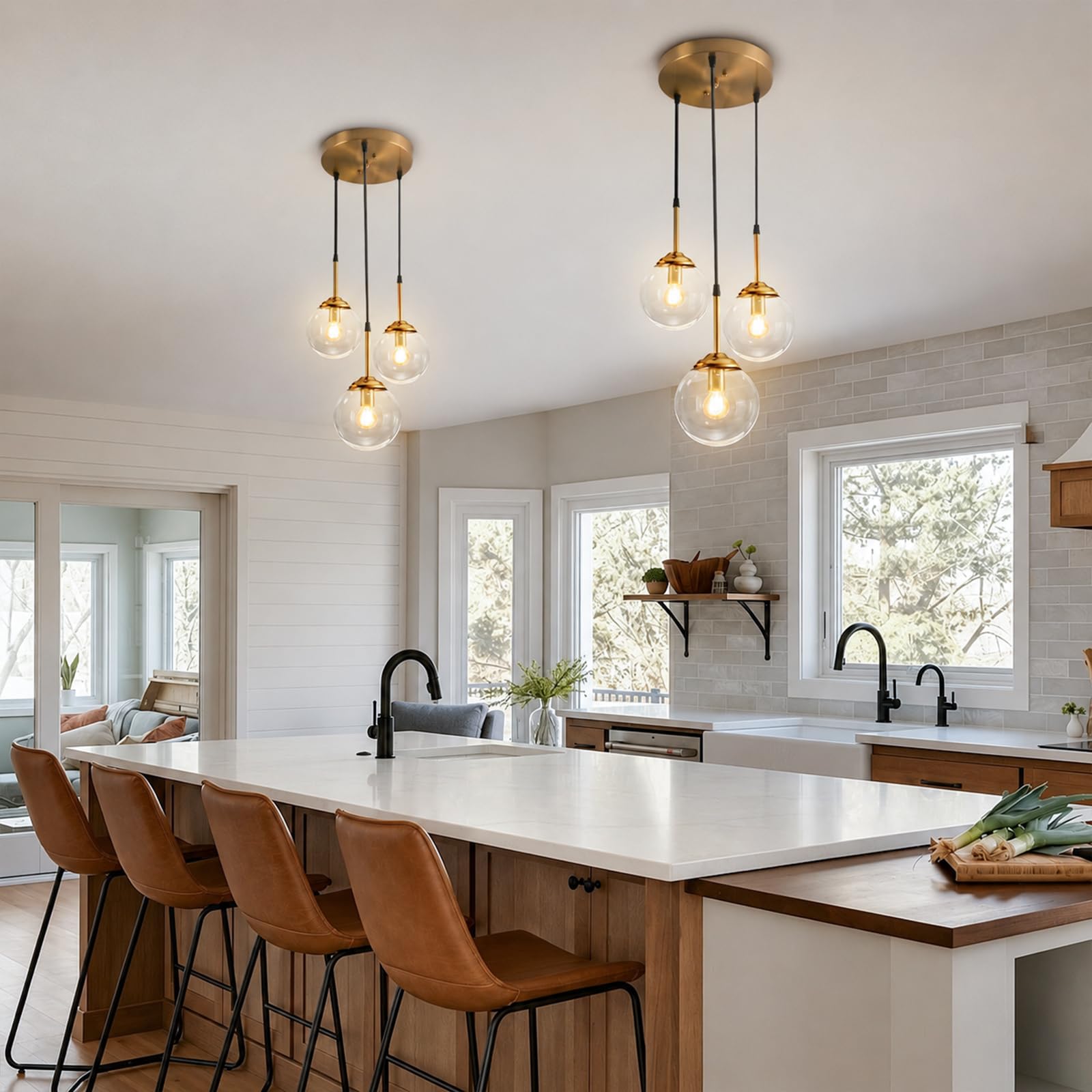 CONERY Lampadari a sospensione in vetro a 3 luci Lampadario in ottone dorato vintage Lampada a sospensione a sospensione a sfera regolabile E14 Lampadario a soffitto industriale per isola cucina