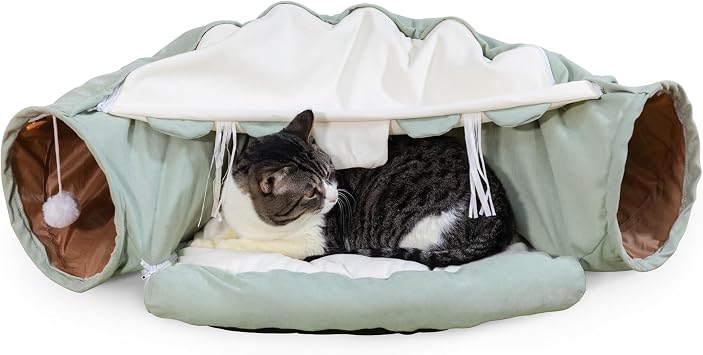 COZIWOW Cat Tunnel Bed, 2-in-1 Cat Tunnel for Indoor Cats, Collapsible Cat Cave Bed, Washable Pet Play Tunnel Cat Toys for Small Medium Large Kittens Puppies Rabbit Green