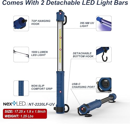 Miniatura 3 de NextLED NT-2220LF-UV LED Luz de trabajo bajo el capó, 2000 lúmenes, batería recargable de 8000 mAh, luz UV, barra de luz mecánica desmontable debajo