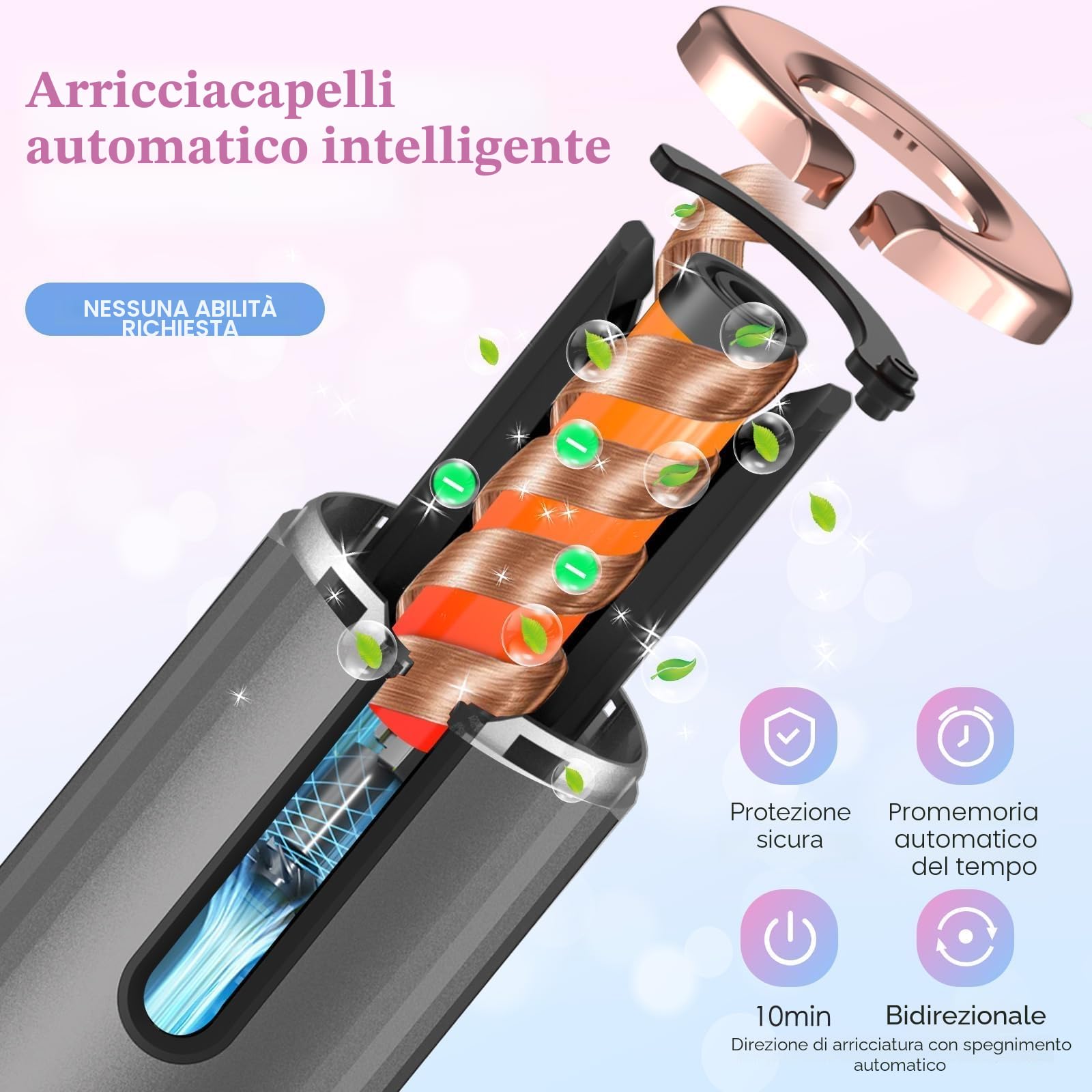 Ferro Arricciacapelli Automatico, Piastra per Capelli Ricaricabile Senza Fili, 6 Temperature, 8-18s Timer, Rivestimento in Ceramica Tormalina, Auto Spegnimente, Promemoria intelligente, Display a LED