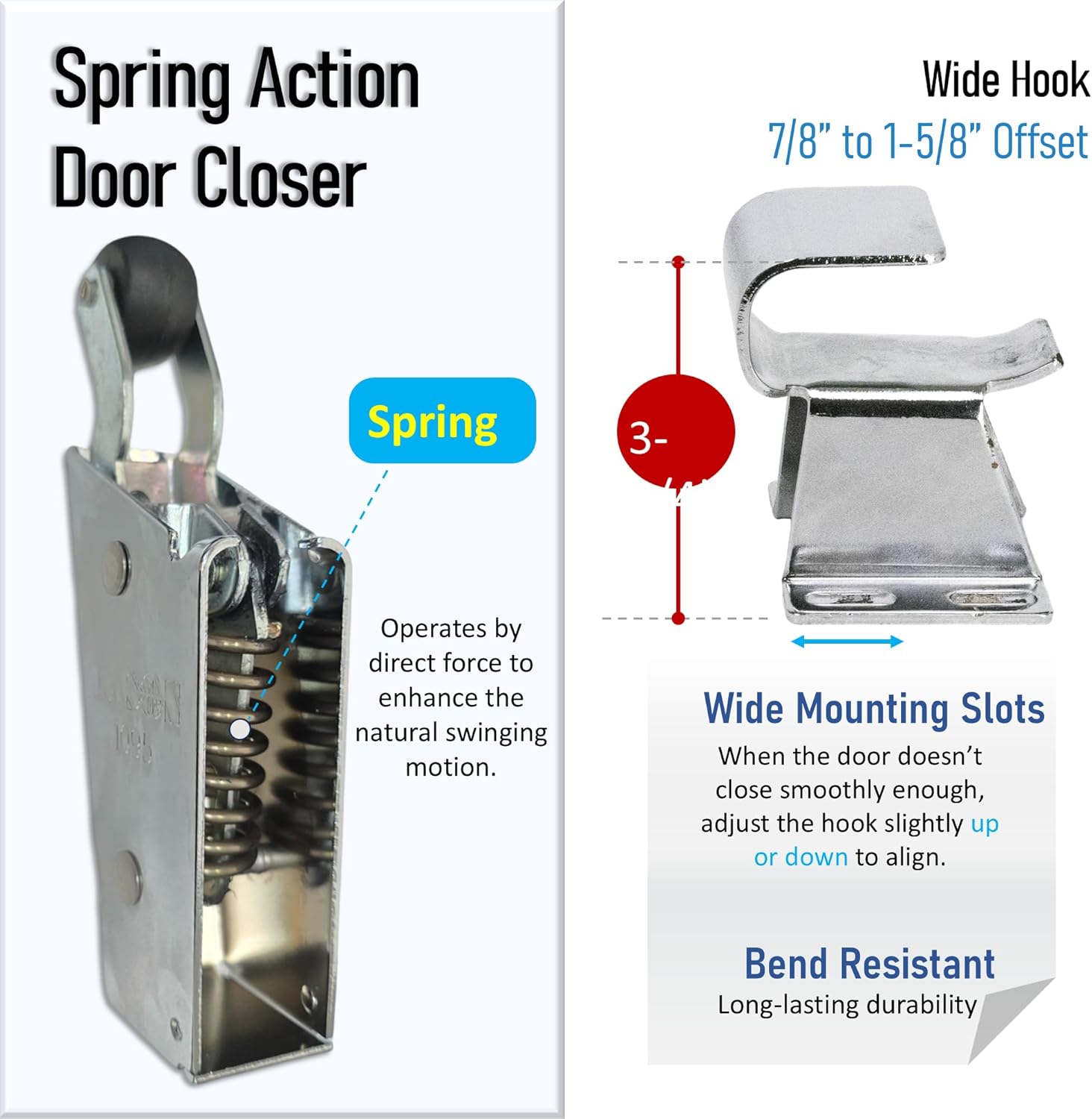 Kason 1095 Spring Action Door Closer for Heavy Walk-in Coolers/Freezers with Adjustable Wide Hook, 7/8” to 1-5/8" Offset