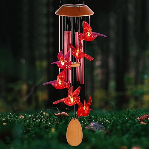 Vista 77 de JOBOSI Red Cap Green Colibrí Carillones de viento Regalos para mamá Carillones de viento Solares Colibríes Campanas de viento Brillantes Decoración