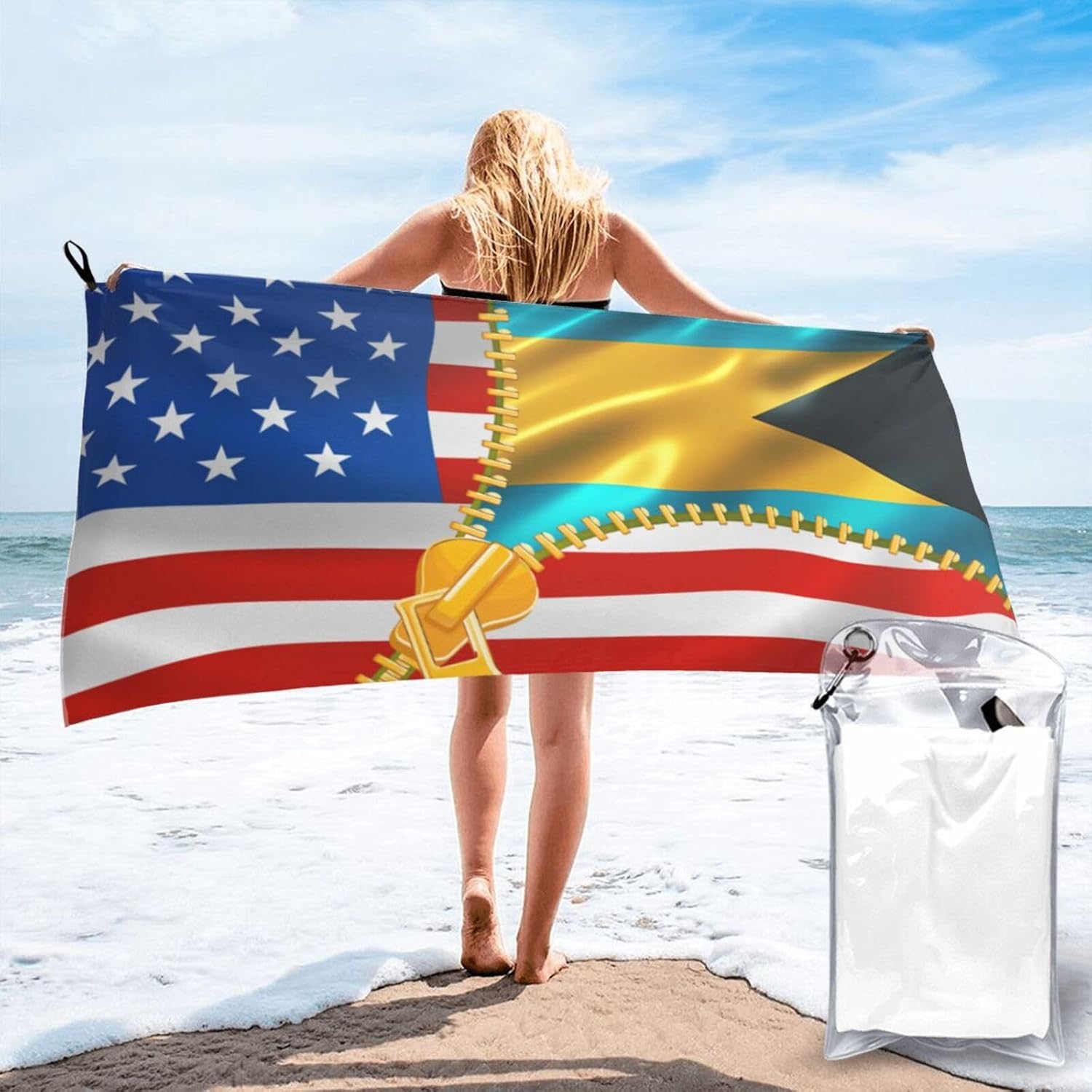 American Flag and Bahamas Flag Microfiber Beach Towels,Superfine Fiber 3D Print Beach Towel Quick Dry Towel for Swimming Camping Compact Large Beach Towel 31.5"X63"Inch