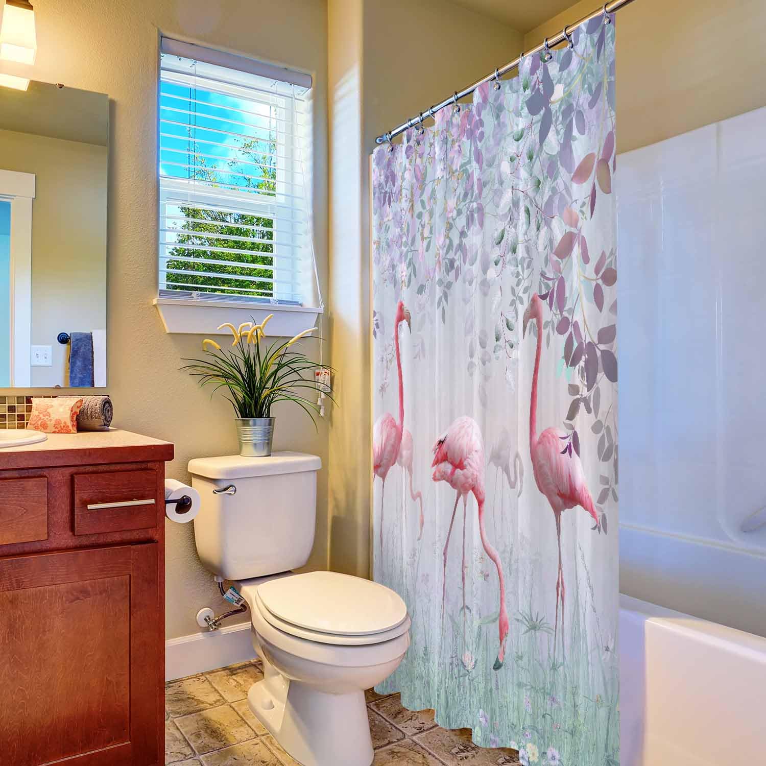 Woutay Shower Curtain Mould Proof Resistant Pink Flame Bird,Water Repellant Fabric,Polyester,Size 180x180CM - Image 4