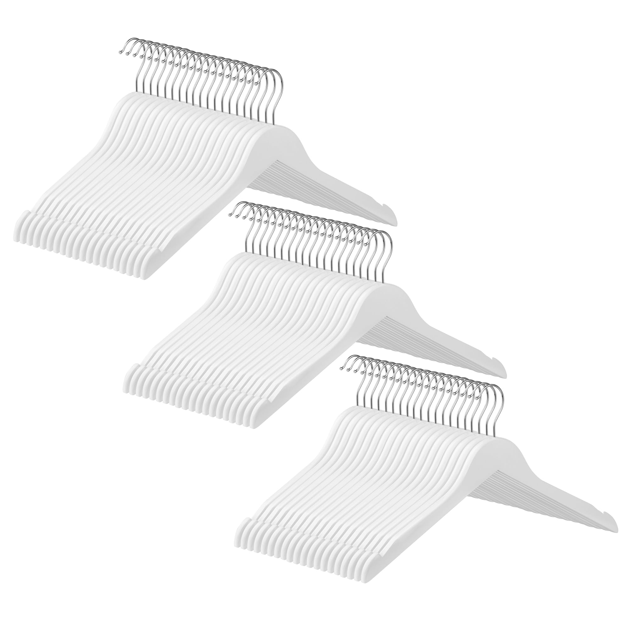 SONGMICS Coat Hangers, Set of 60, Solid Wood, Wooden Hangers with Notches, 360° Rotating Hook, Non-Slip, 44 cm Long, White