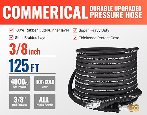 Miniatura 2 de YAMATIC Manguera de lavado a presión resistente a las torceduras de 38 pulgadas, 125 pies, conector rápido giratorio de 38 pulgadas, 4000 PSI de