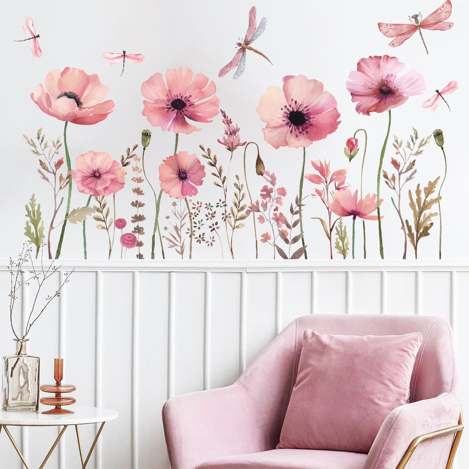 HPNIUB Pink Blossom Flower Wall Stickers for Bedroom,Pink Floral Wall Decals for Living Room,Dragonfly Plants Leaf Wall Art Stickers for Kids Nursery Decoration - Image 3