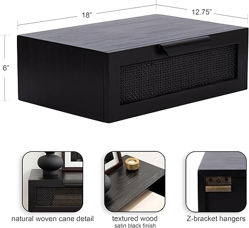 Miniatura 3 de Kate and Laurel Ori Mesa auxiliar flotante de ratán de caña de transición con cajón de almacenamiento extraíble, 18 x 13 x 6 pulgadas, color negro
