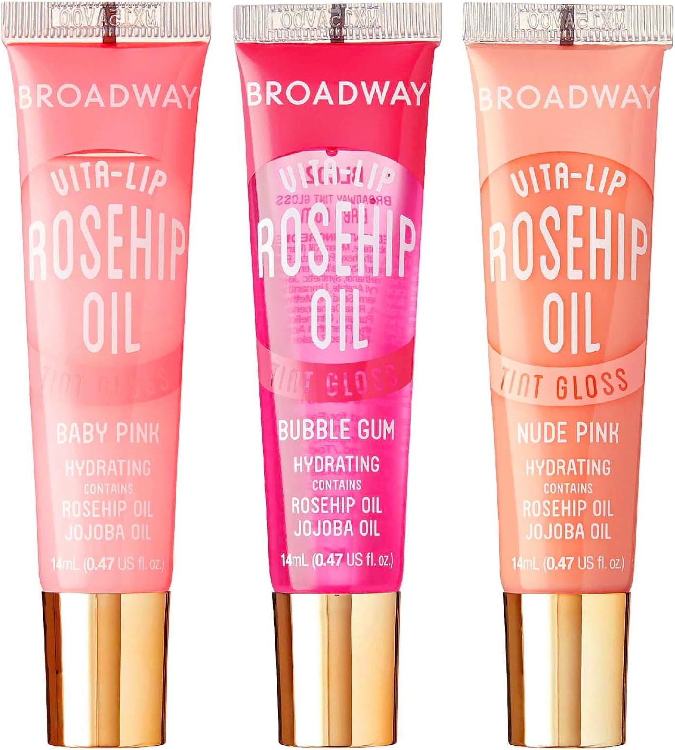 Ruby Kisses Broadway Vita-Lip Tinted Lip Gloss (3 Pack Baby Pink, Bubble Gum, Nude Pink) Ultra-Hydrating Rosehip + Jojoba Oil & Soothing Formula with Vitamins, High-Shine Non-Sticky Finish Lip Balm