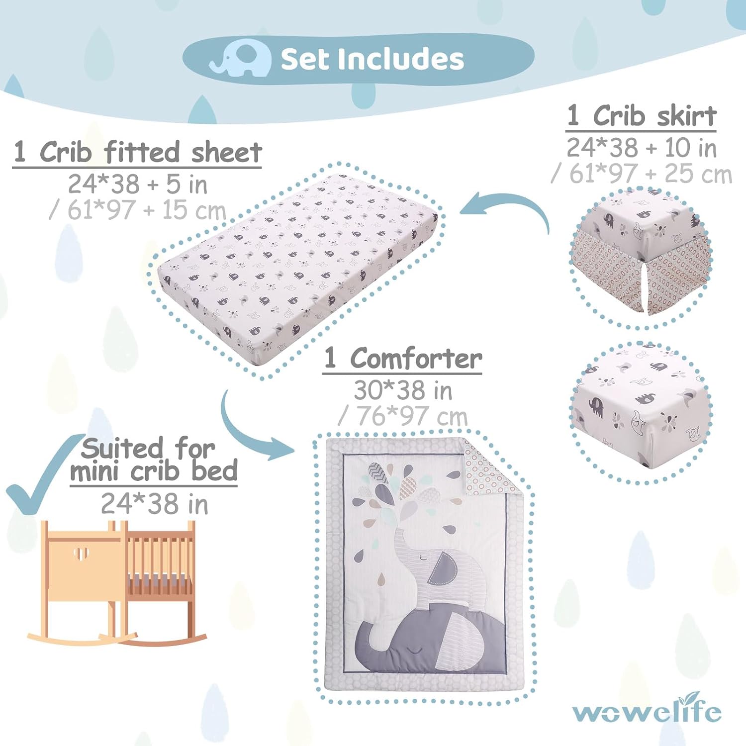 Mini Crib Bedding Set for Boys, Premium 3 Piece Elephant Baby Crib Bedding Set, Baby Nursery Comforter Bed Set with Crib Comforter, Skirt and Sheet, Gray