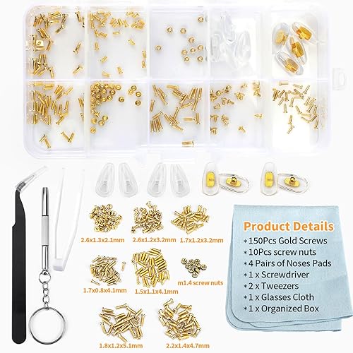 Miniatura 9 de Kit de reparación de gafas, kit de reparación de cristales con tornillos dorados, almohadillas para la nariz, juego de destornilladores y marcos de