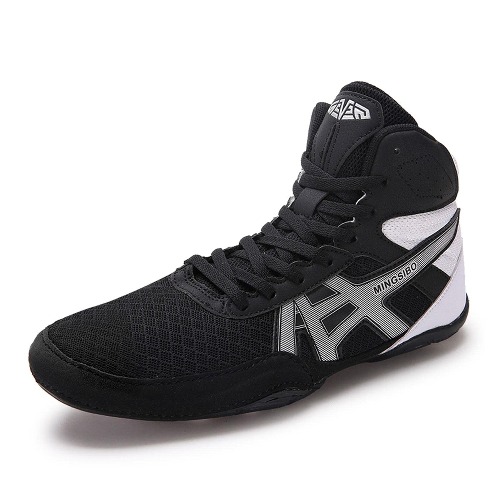TECDOTO Herren Boxschuhe Sparring Boxer Trainer Schuhe, Kniebeugenschuhe mit Knöchelschutz Ringerschuhe Squat Buffer Schuhe für Das Fitnessstudio,Black-43EU