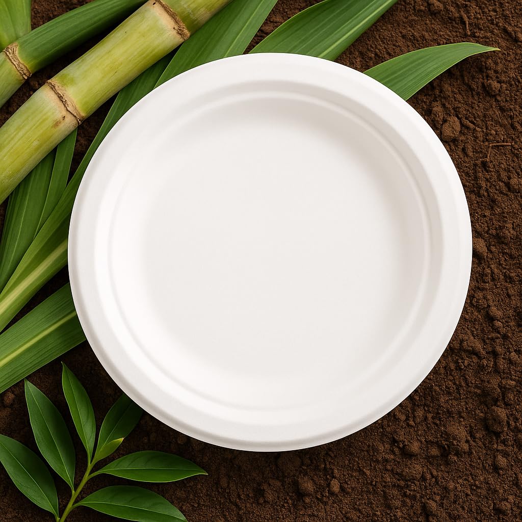 [23cm - 1000 pezzi] Piatti TONDI piani biodegradabili compostabili ecologici in bagassa - usa e getta, resistenti e riciclabili, ideali per feste, catering, eventi