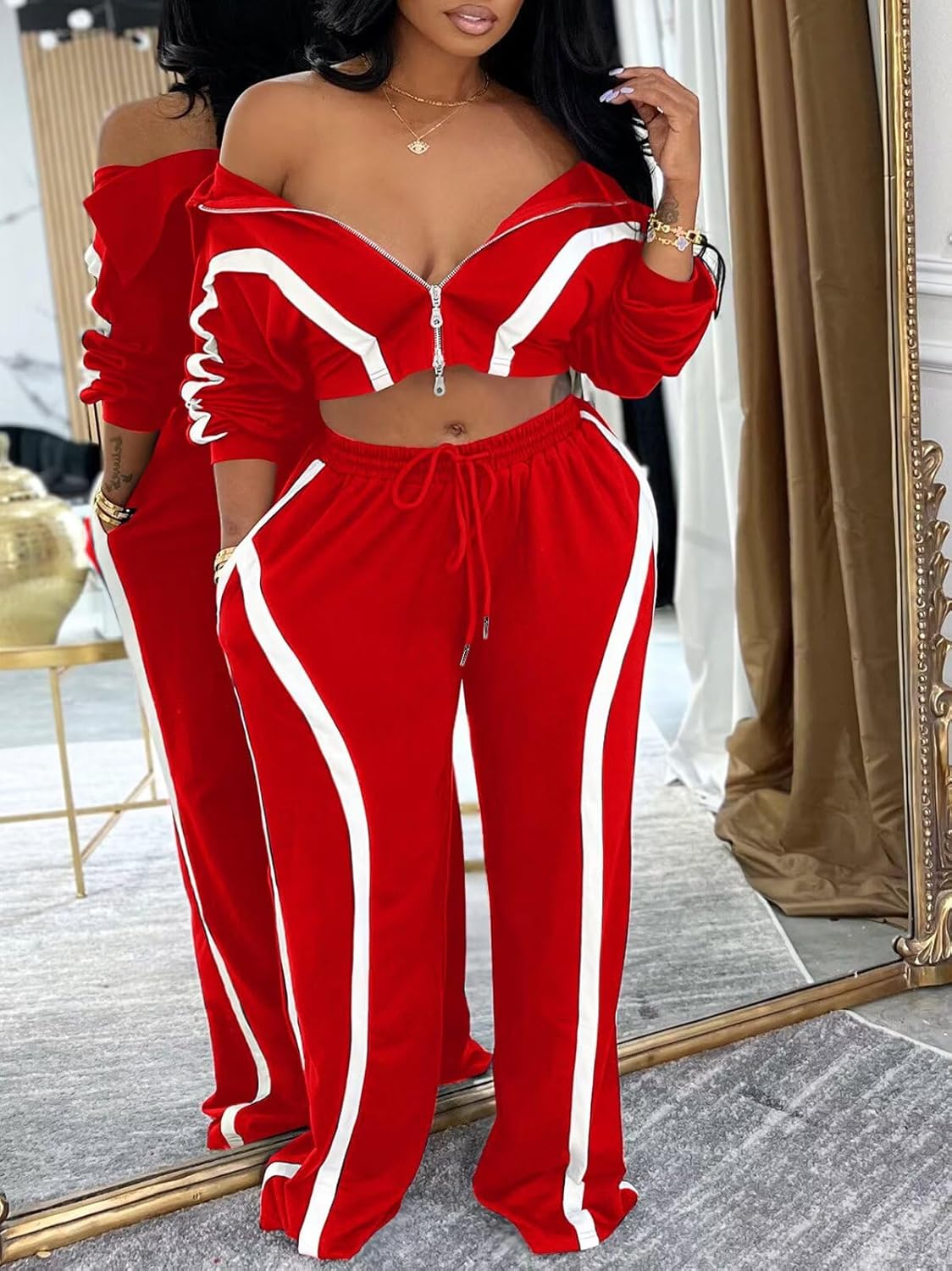 Women Striped 2 Piece Outfits Long Sleeve Zip Up Jacket Top and Wide Leg Pants Set Tracksuits with Pocket - Image 3