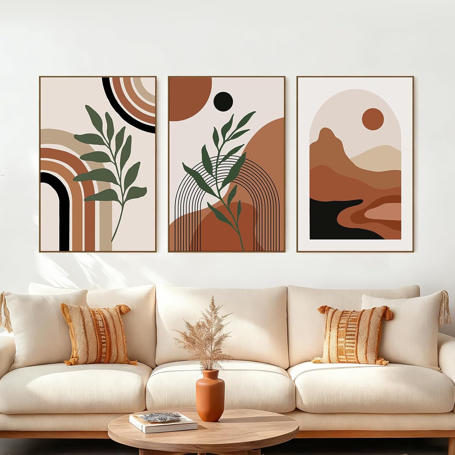 SAFERRYHOME Boho Abstract Wall Art, Mid Century Bohemian Wall Decor Framed Canvas Set of 3, Modern Minimalist Artwork Botanical Painting Prints Pictures for Living Room Bedroom Bathroom, 16x24 inch
