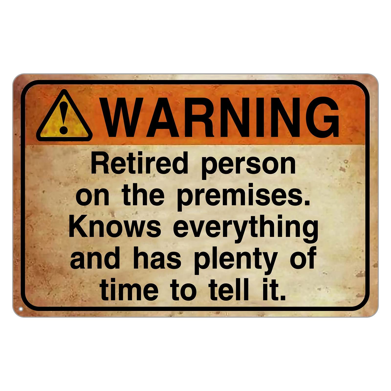 SMAZDFXX Funny Warning Sign Retired Person on Premise Tin Metal Sign for Home Yard Patio Man Cave 8"x12"
