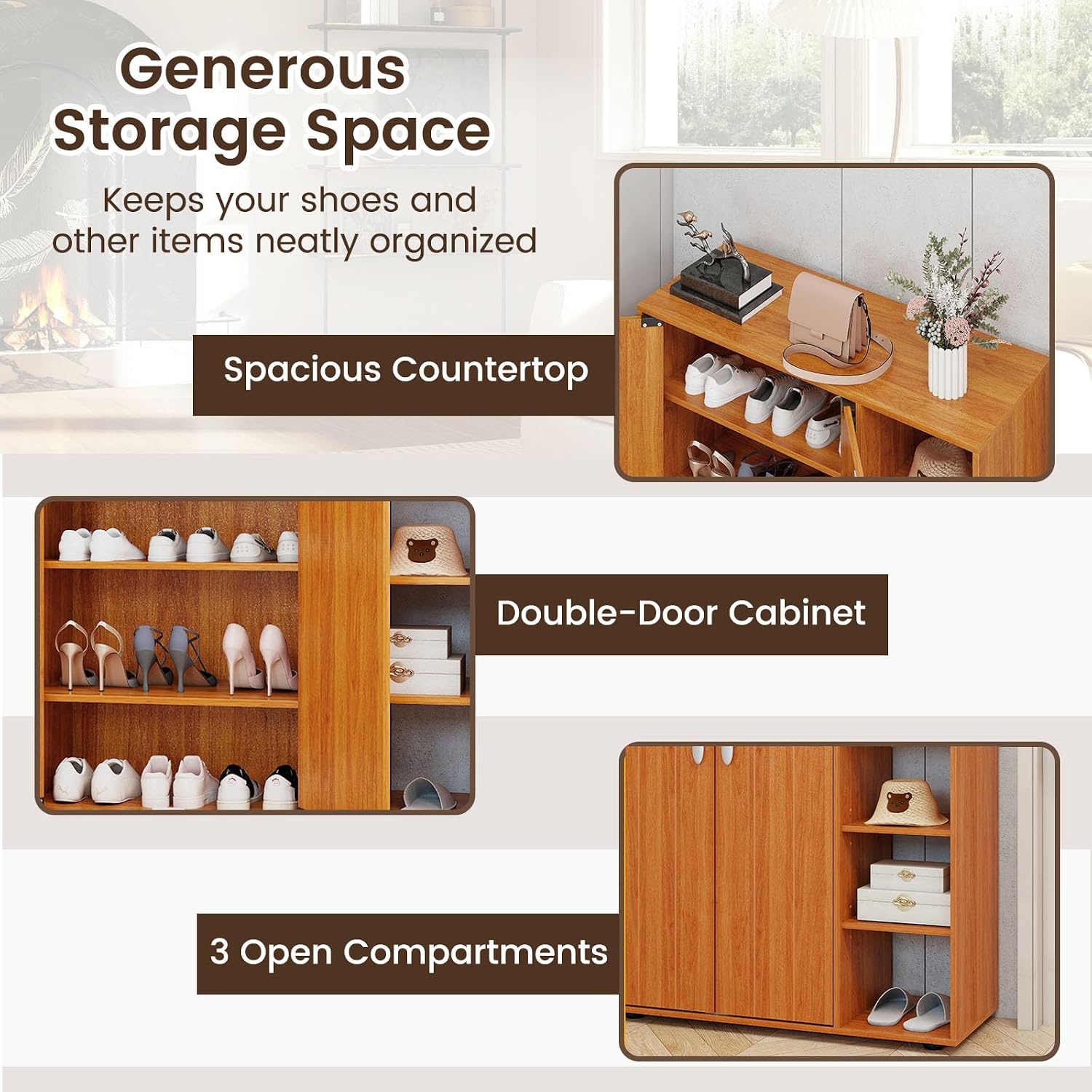 Giantex Wood Shoe Cabinet with Doors, Freestanding Shoe Rack Cabinet with 3-Level Adjustable Open Shelves, Modern Wooden Shoe Storage Cabinet for Entryway, Hallway, Closet, Living Room (Natural)