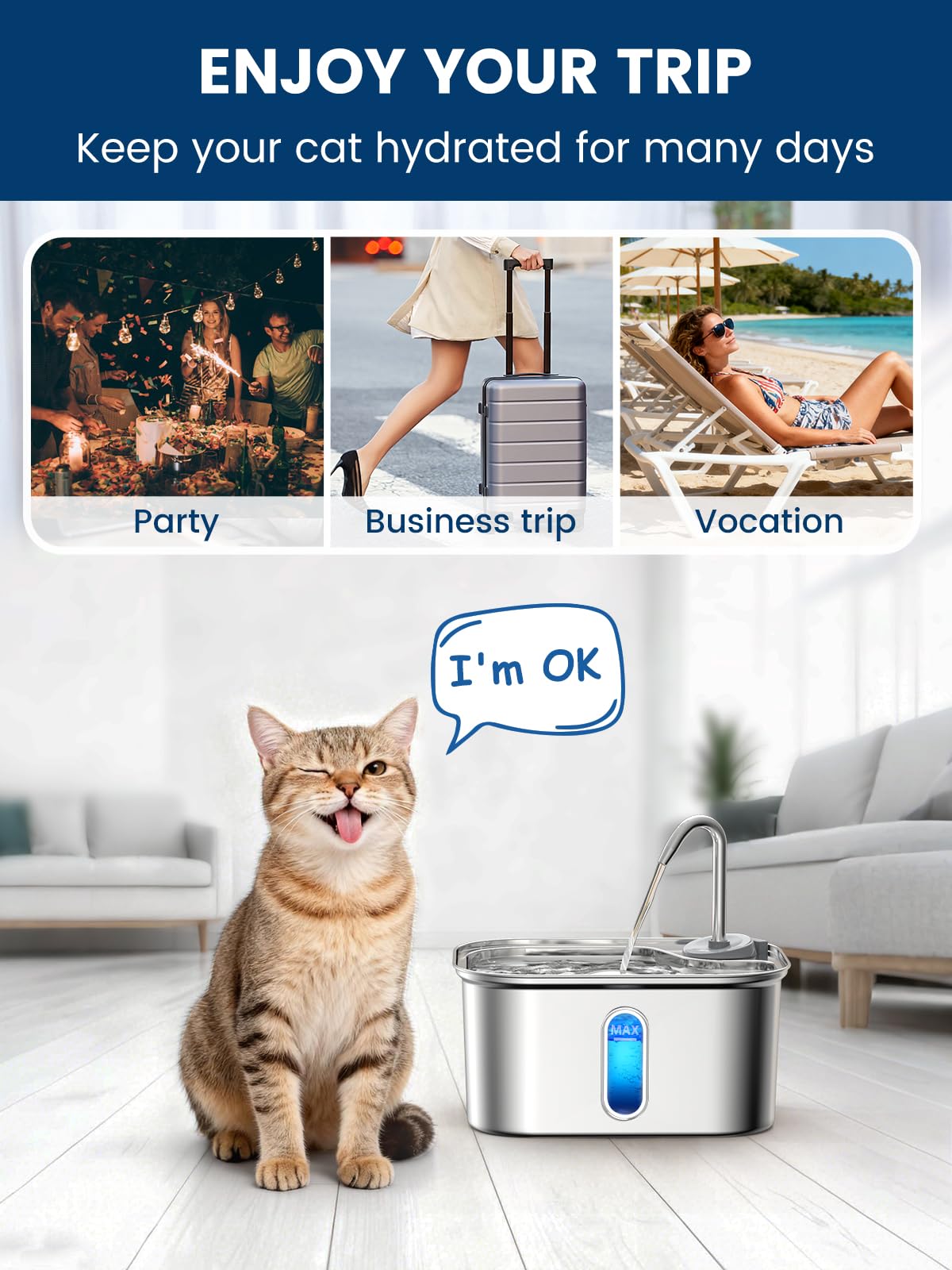 Fuente de agua para gatos de acero inoxidable para gatos de interior, 2.5 L, 2,409.7 g por SUS304 sin BPA, eficaz filtro de 6 capas fuente de agua para gatos para beber 20 dB Fuente de agua de metal
