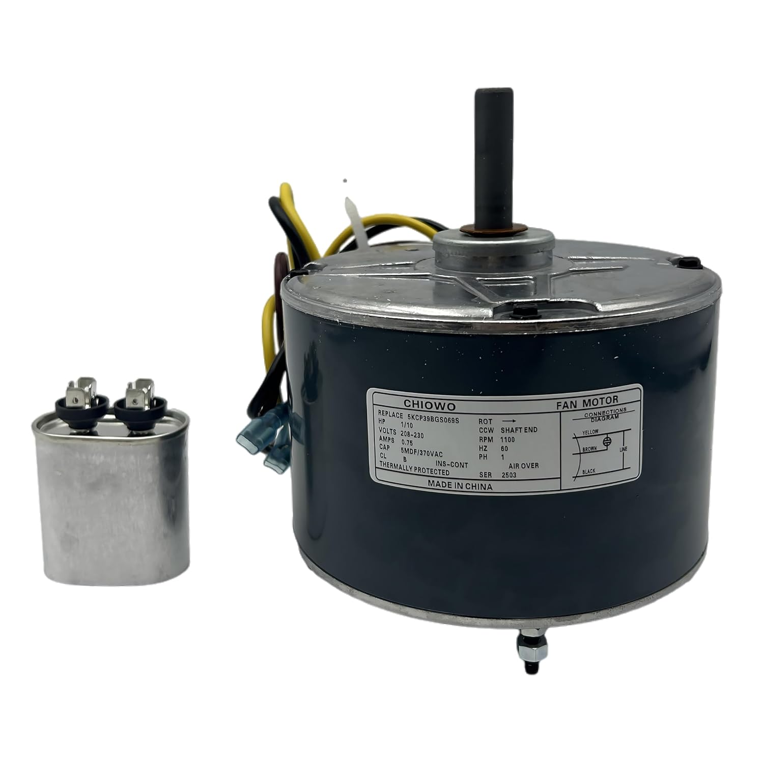 5KCP39BGS069S Condenser Fan Motor 1/10 HP 1100 RPM 208-230V 0.75A 48 Frame with Capacitor Replacement for Carrier HC33GE233A 5KCP39BGY824S Genteq 3907 3S001