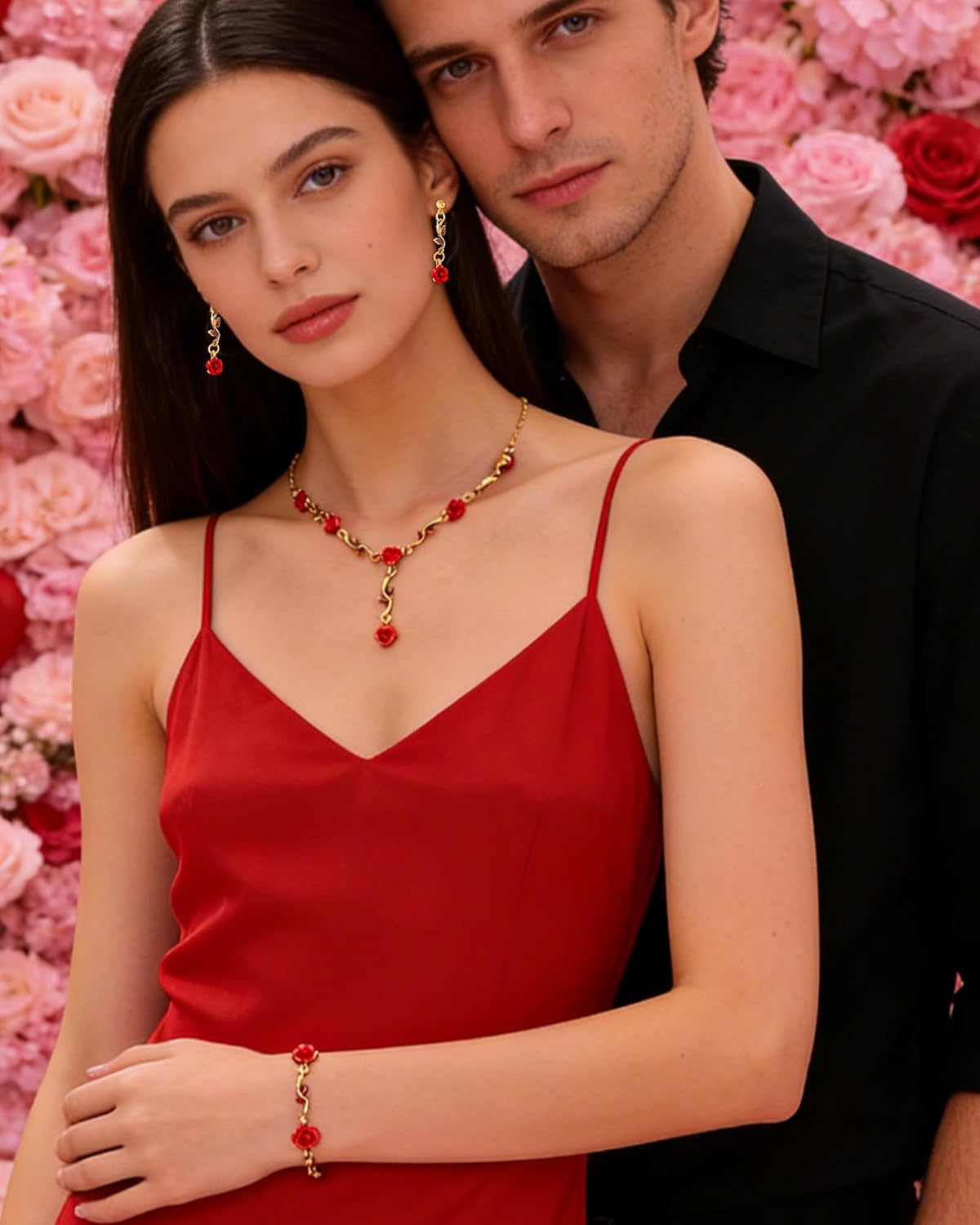 Red Rose Necklace Earrings and Bracelet for Women 3 Pcs Set Red Rose Jewelry Rose Flower Pendant Necklace Red Rose Dangle Earrings Dainty Rose Bracelet Prom Wedding Party Jewelry Accessories - Image 3