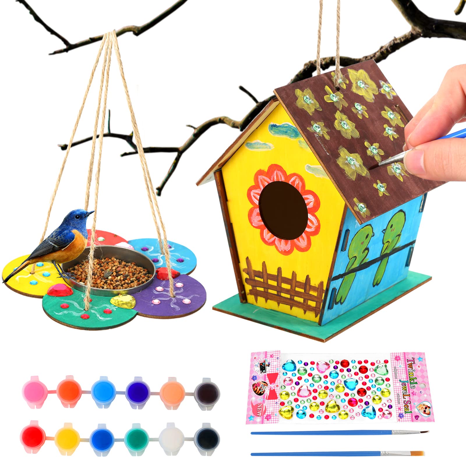 Juego De Construcción De Pajareras De Madera YUFFQOPC - 4 Unidades 3D Para Pintar, Con Pinturas Y Accesorios, Manualidades Para Niños