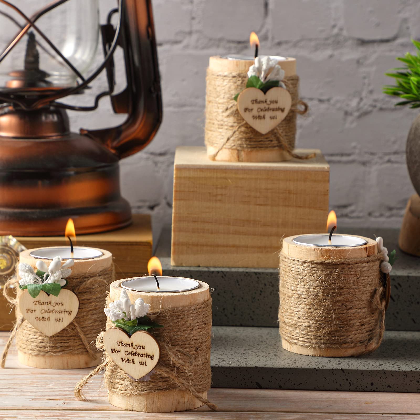 Treela 12 Pcs Wood Tealight Candle Holder Bridal Shower Tealight Holder Rustic Wooden Cylinder Candle Holders with Tea Lights Candles for Table Centerpiece (Natural Color)