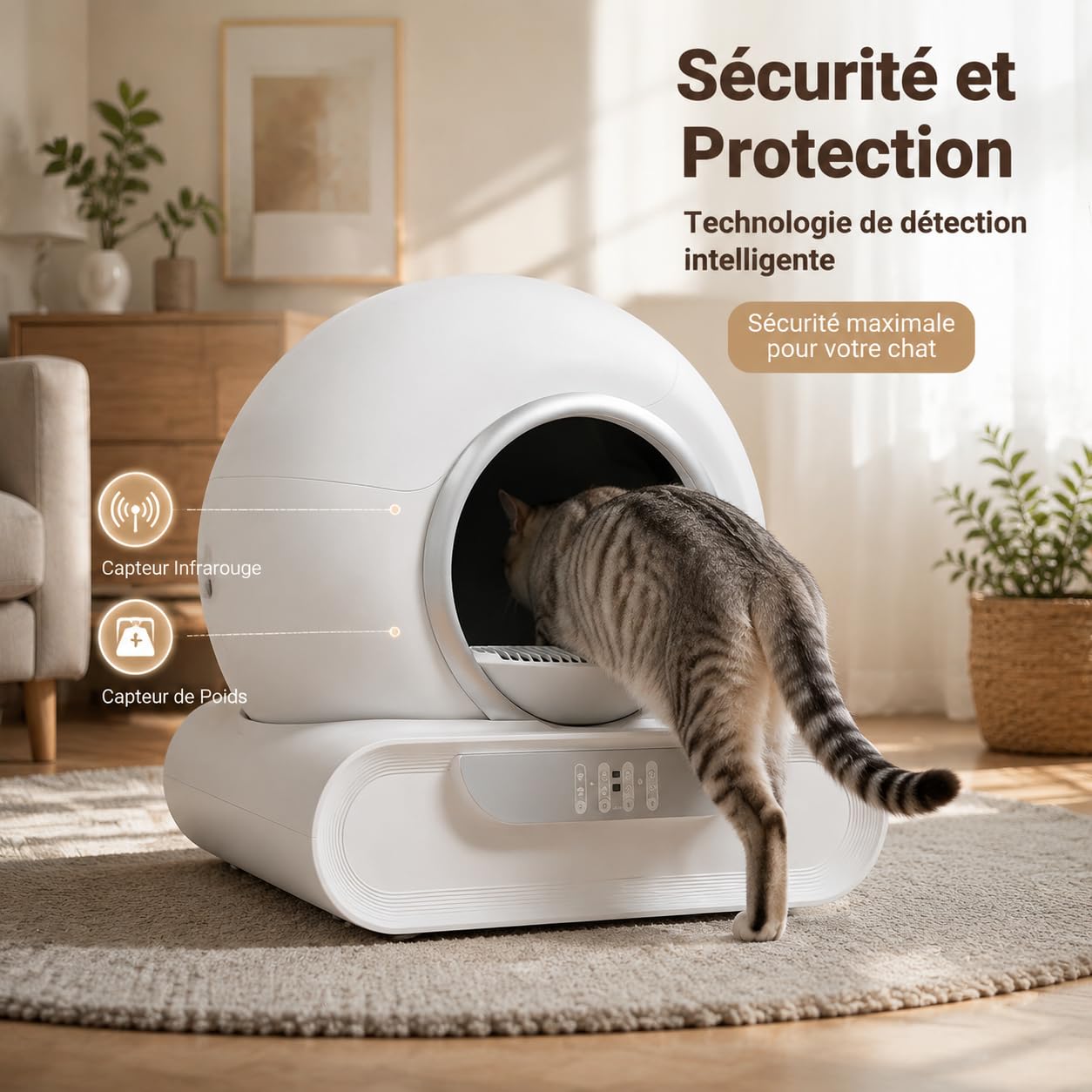 Litière Automatique Autonettoyante 74L pour Chat, Contrôle Via APP, Anti-Pincement, Désodorisation Ionique, avec Tapis et 5 Rouleaux de Sacs, Grande Capacité pour Plusieurs Chats
