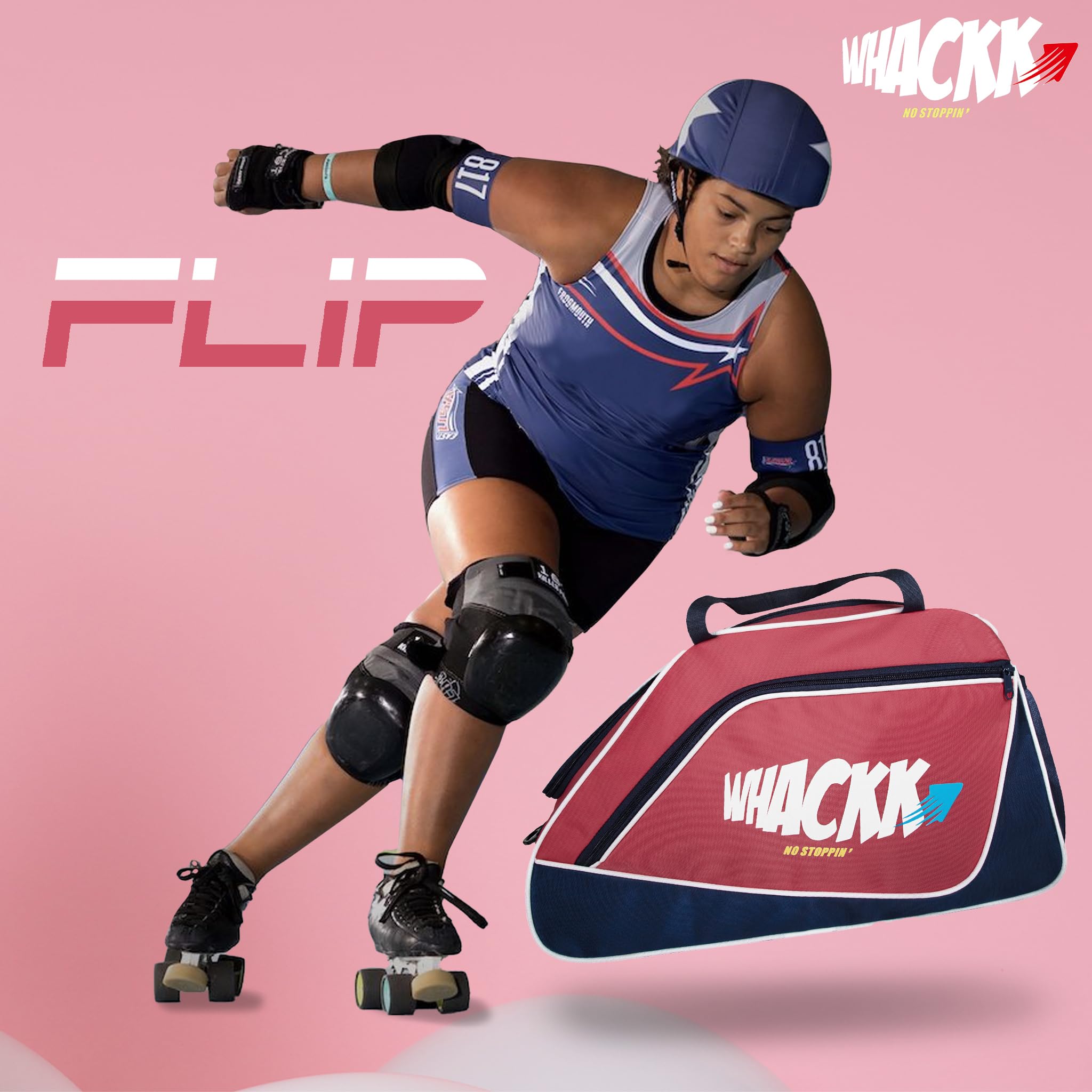 WHACKK Flip Skating Bag Pink Navy | Roller & Quad Skate Carrier for Girls with Adjustable Strap | Padded Skate Bag for Kids, Teens & Adults 3