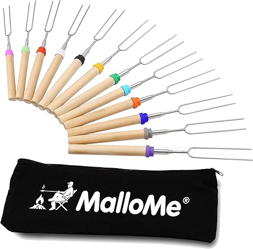 MalloMe Smores Sticks for Fire Pit Long - Marshmallow Roasting Sticks Smores Kit - Smore Skewers Hot Dog Fork Campfire Cooking Equipment, Camping Essentials S'mores Gear Outdoor Accessories 32" 12Pack