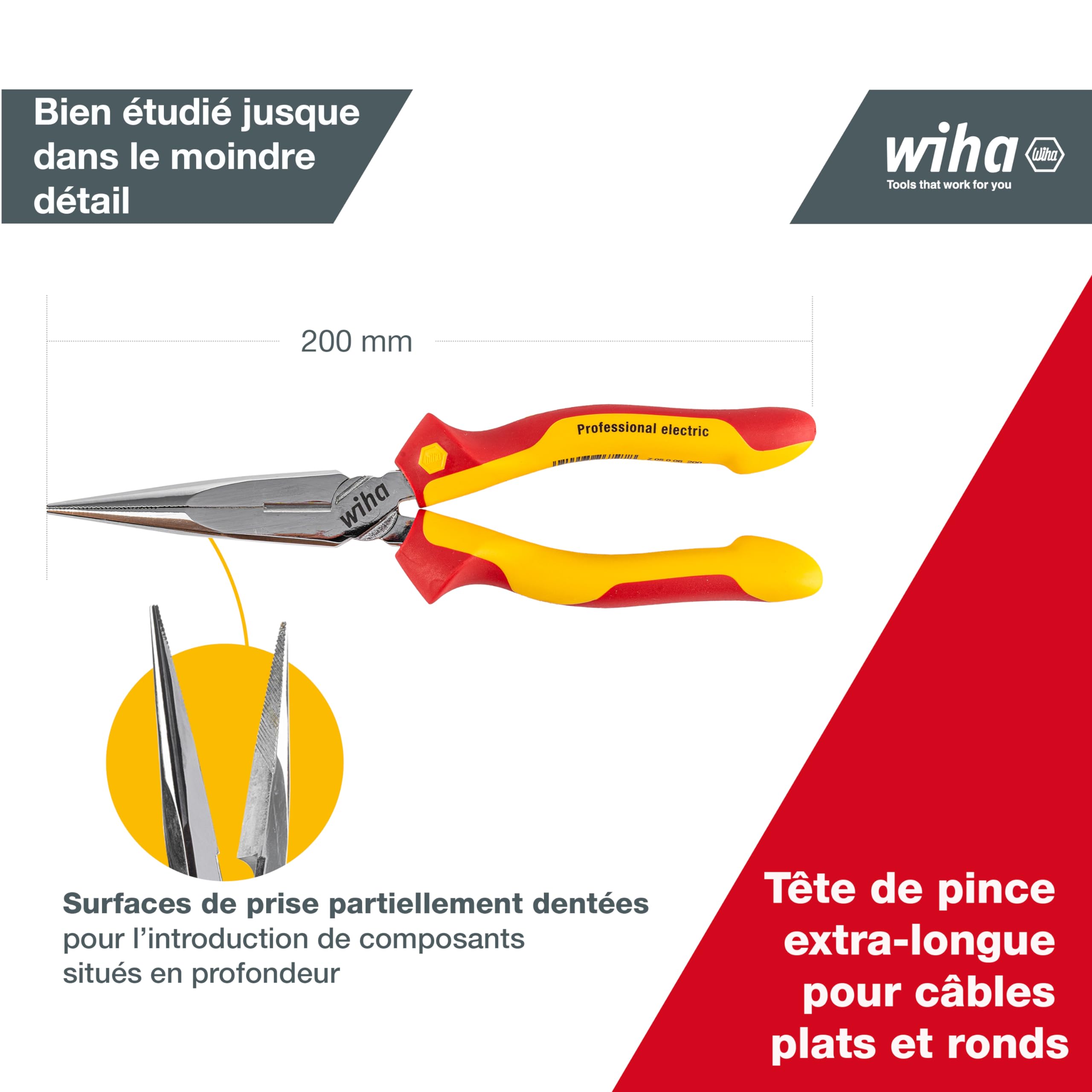 Wiha Z 05 0 06 Pince demi-ronde Professionnelle à tête droite isolée 200 mm avec Coupe-fils